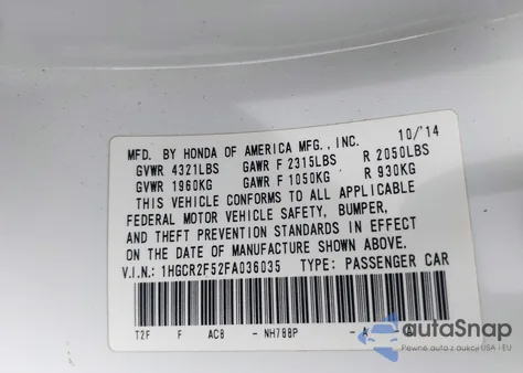 2015 Honda Accord Sport из США, поврежденный, VIN 1HGCR2F52FA036035